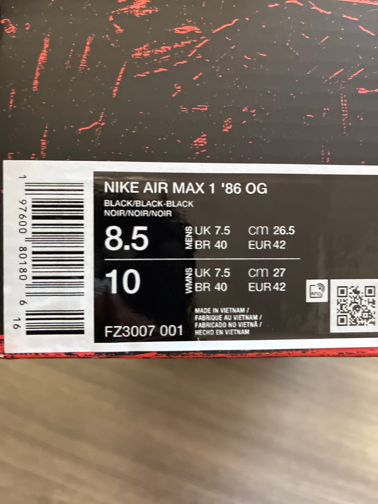 NIKE AIR MAX 1’86 OG 8.5M FZ3007 001