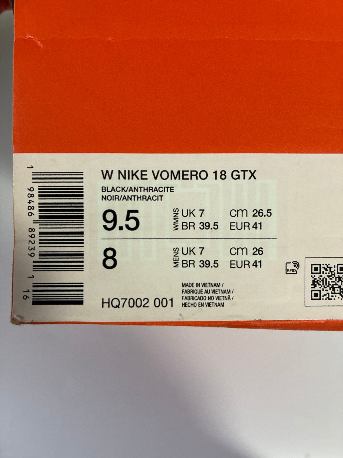W NIKE VOMERO 18GTX BLACK/anthracite new size:9.5 HQ7002 001