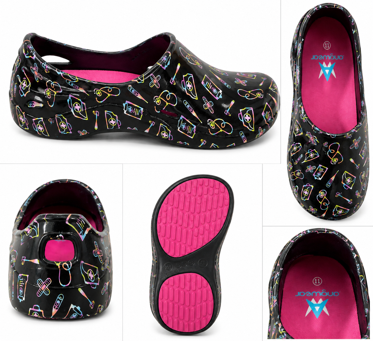 Anywear Nursing Clogs Slip Resistant Medical Print Size 11