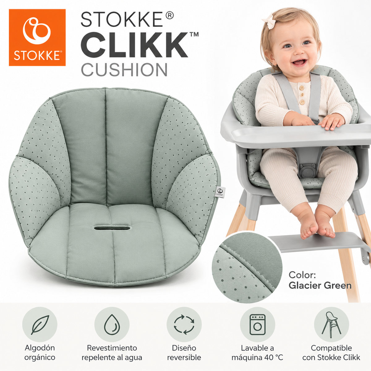 Stokke Clikk Cushion – Cojín para Silla Alta de Bebé | Glacier Green