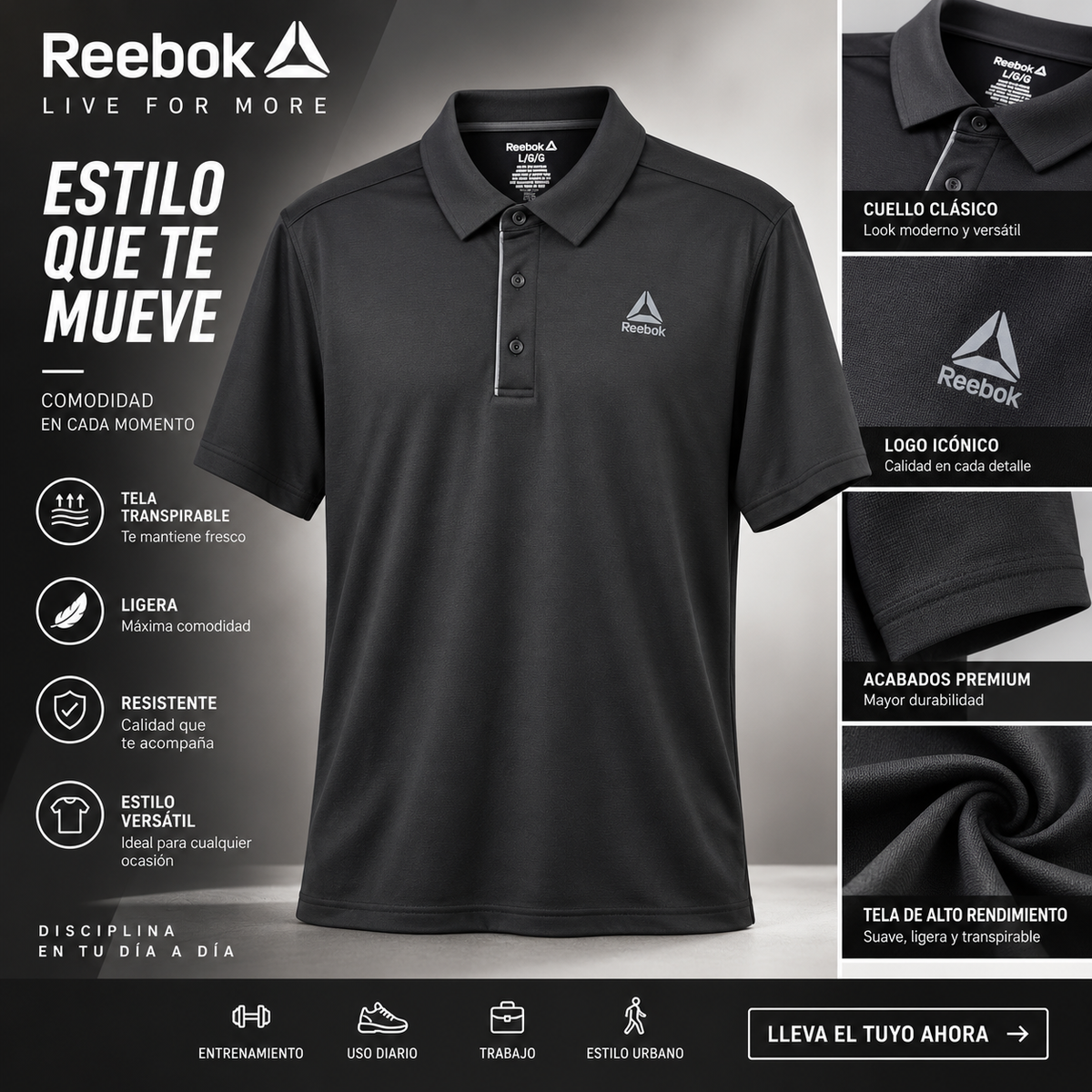 Polo Reebok Performance para Hombre Negro size L