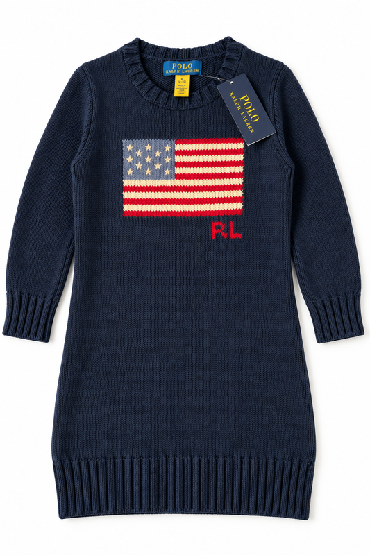 Polo Ralph Lauren Girls American Flag Sweater Dress Navy M 8-10 NWT $135