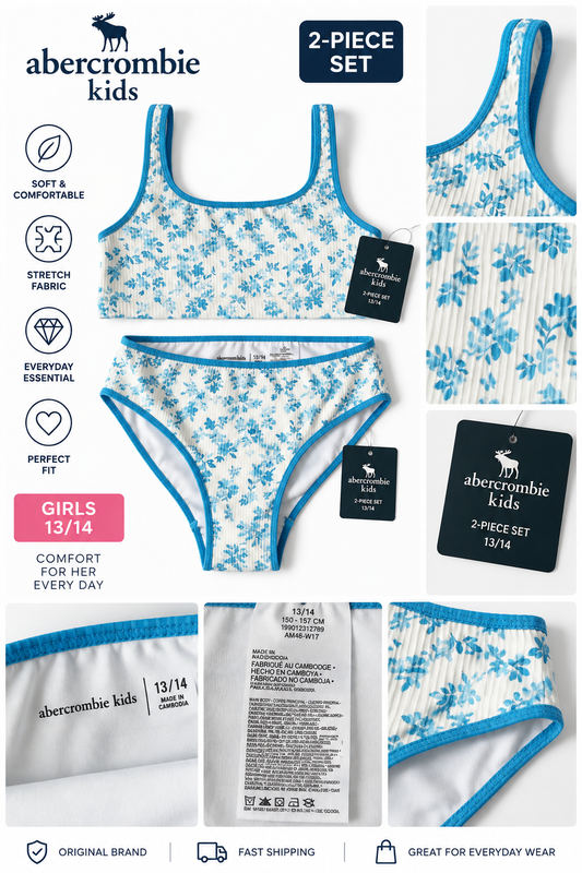 Abercrombie Kids Girls Floral 2 Piece Swimsuit Blue White Size 13/14 NWT