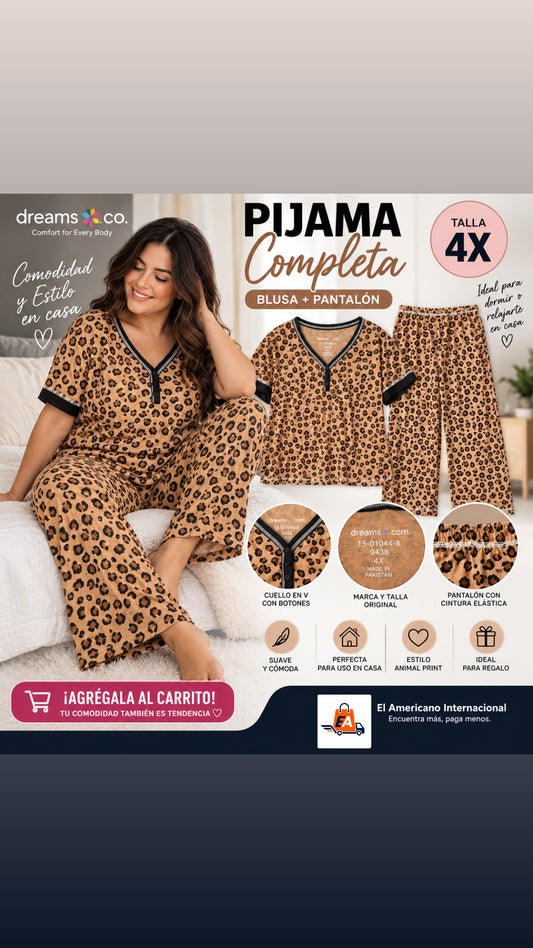 Pijama Completa Dreams & Co. Animal Print 4X – Blusa + Pantalón | ¡Llévate el Set Completo!