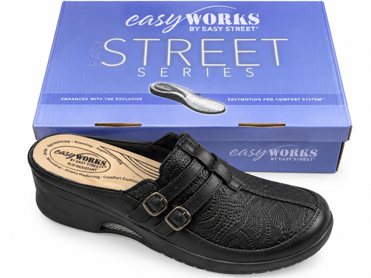 Easy Works by Easy Street Shirley Women’s Size 9M Black Tooled Leather Slip Resistant Clogs